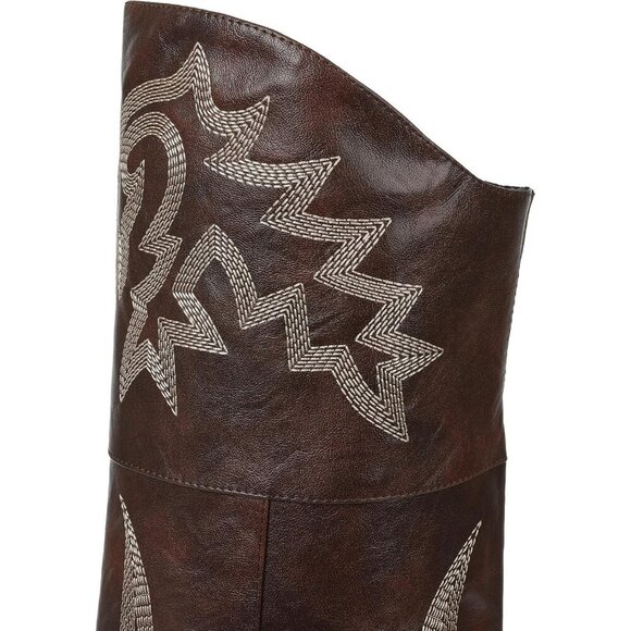 Women Brown Pu Polyurethane Thigh High Embroidered Pointed Toe Chunky Heels Boot - Picture 5 of 6